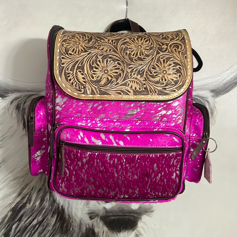 Stunning pink hide leather tooled backpack!